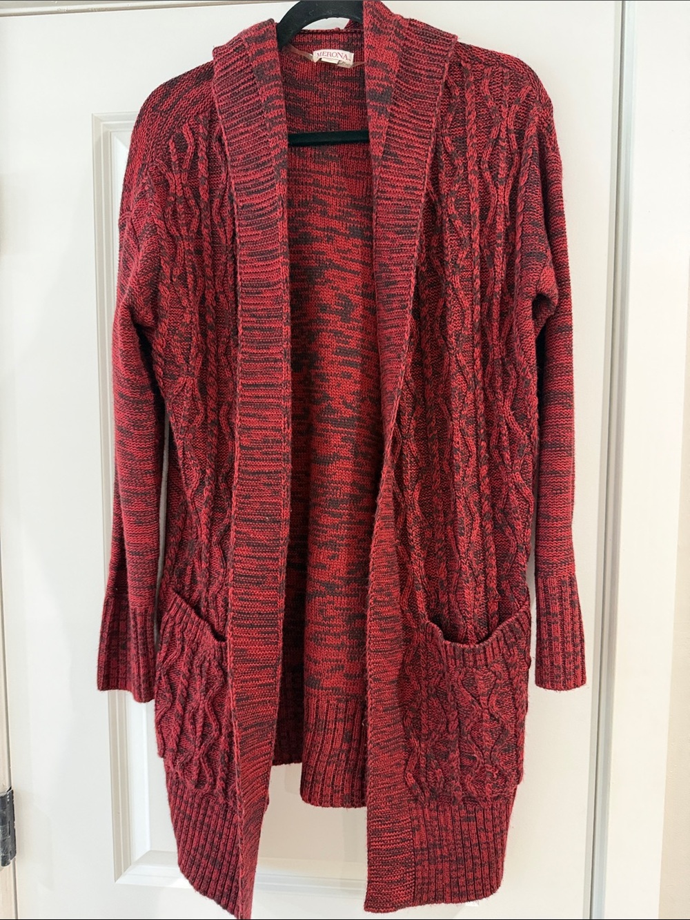 Merona Red and Black Marled Open-Front Cable Cardigan with hood
